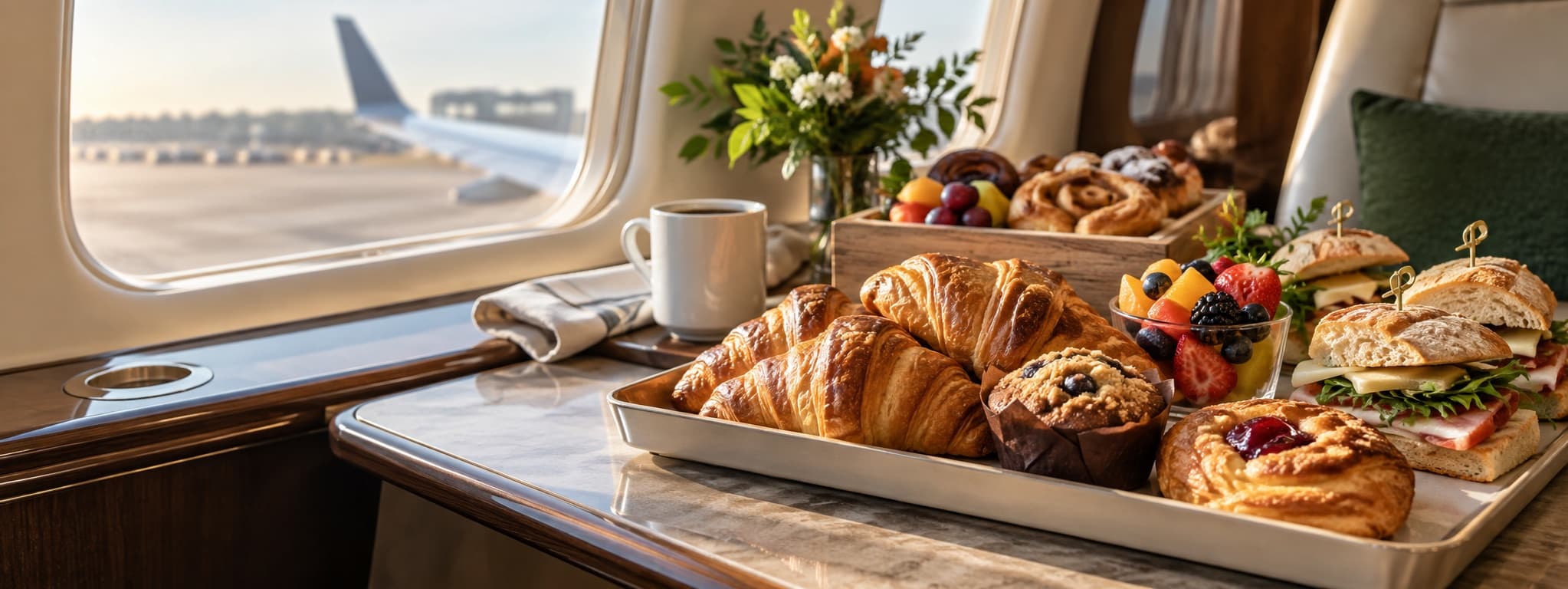 Pastries and sandwiches arranged beside an aircraft window