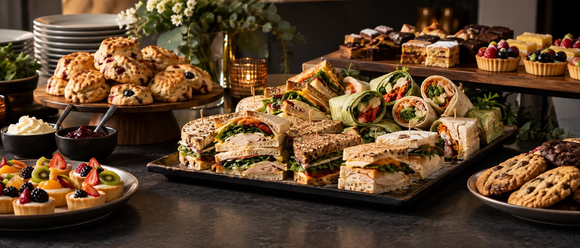 Sandwich, wrap, scone and dessert platters prepared for an event
